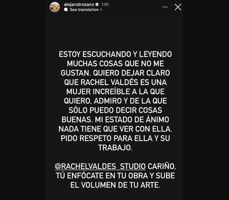 Alejandro Sanz pide respeto para su exnovia Rachel Valdés