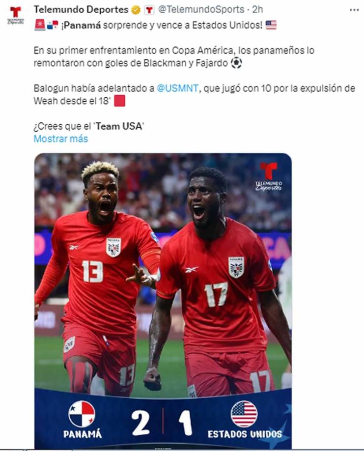 Telemundo - “¡Panamá sorprende y vence a Estados Unidos!”.