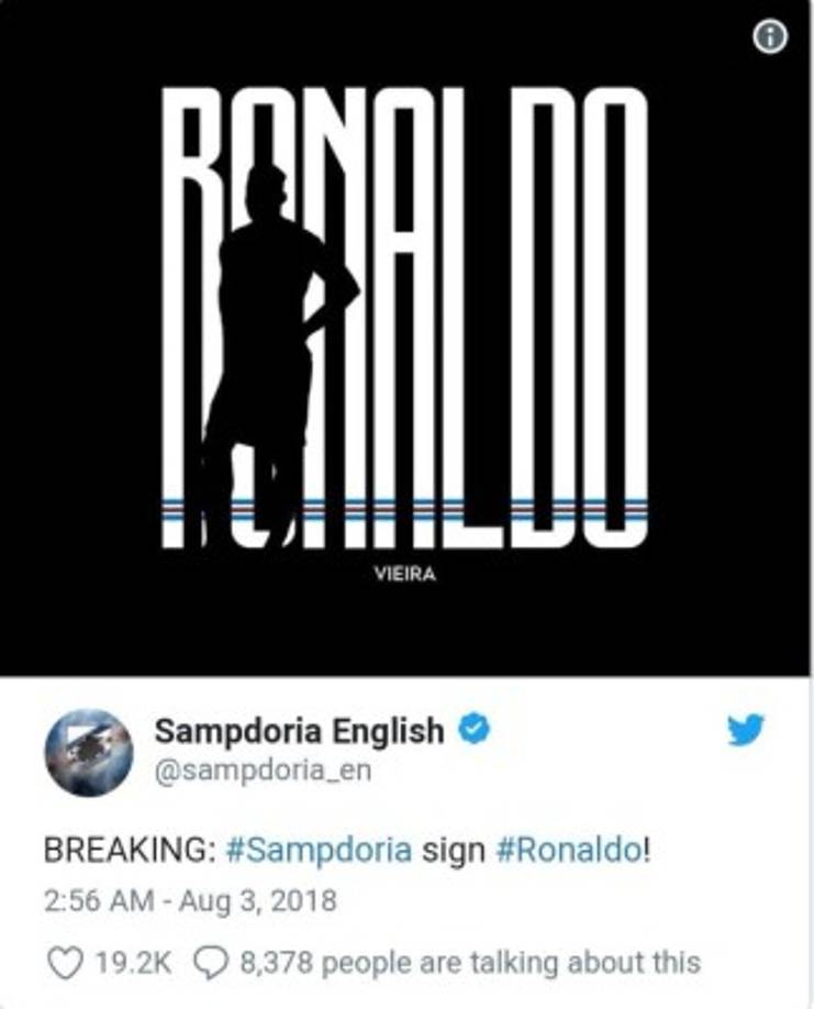 La Sampdoria ha anunciado el fichaje de Ronaldo Vieira imitando la presentación que hizo la Juventus con Cristiano Ronaldo. En su perfil de Twitter en inglés, el club genovés ha publicado una imagen con la palabra Ronaldo (la Juventus escribió Cristiano) en grandes caracteres rotulada sobre fondo negro y una silueta del jugador.