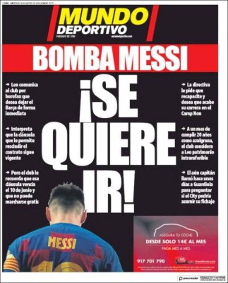 Mundo Deportivo (España) - 'Bomba Messi. ¡Se quiere ir!'.