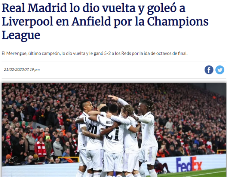 TYC de Argentina: “Real Madrid le dio vuelta y goleó a Liverpool en Anfield por la Champions League”.