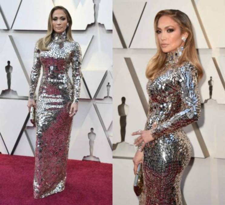 2019- Tom Ford<br/><br/>JLo lució durante los Óscar un modelo largo de Tom Ford inspirado en las bolas de las discotecas setenteras.