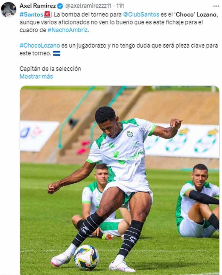 El periodista mexicano Axel Ramírez, que cubre la información del Santos, catalogó como “bomba” el fichaje del ‘Choco’ Lozano por el cuadro lagunero. “Es un jugadorazo, no tengo dudas que será pieza clave para este torneo”, escribió en su cuenta de X.