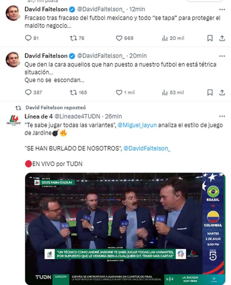 David Faitelson también se acordó de los directivos de la Federación Mexicana de Fútbol. “Que den la cara aquellos que han puesto a nuestro fútbol en está tétrica situación. Que no se escondan”.