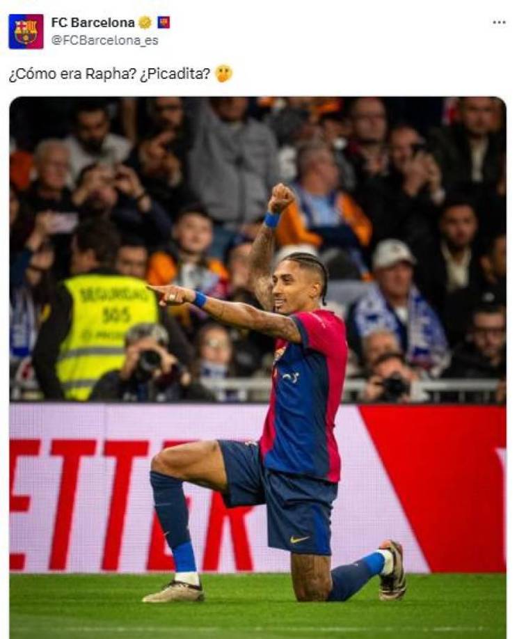 Luego, el equipo azulgrana publicó la celebración de Raphinha. El brasileño silenciaba todo el templo blanco con su picadita.