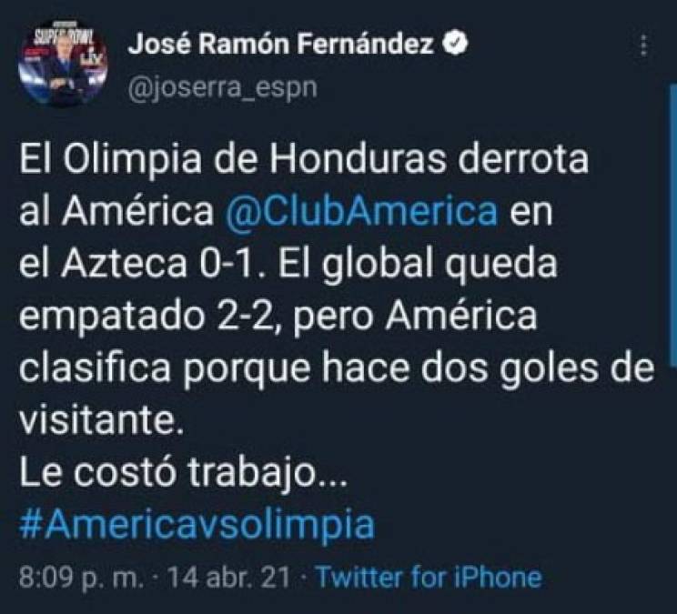 José Ramón Fernández: El veterano periodista de ESPN señaló que al América le costó trabajo la clasificación.