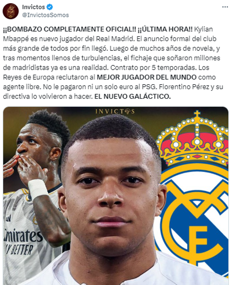  “Los Reyes de Europa reclutaron al MEJOR JUGADOR DEL MUNDO como agente libre. EL NUEVO GALÁCTICO”, publicó Invictos.