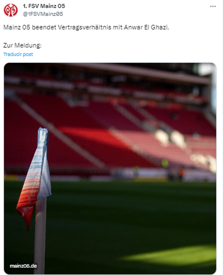 El equipo de la primera división alemana escribió en X (ex Twitter) que terminaba “con efecto inmediato la relación contractual que le ligaba a Anwar El Ghazi”, después de las “declaraciones y publicaciones del internacional neerlandés en las redes sociales”.