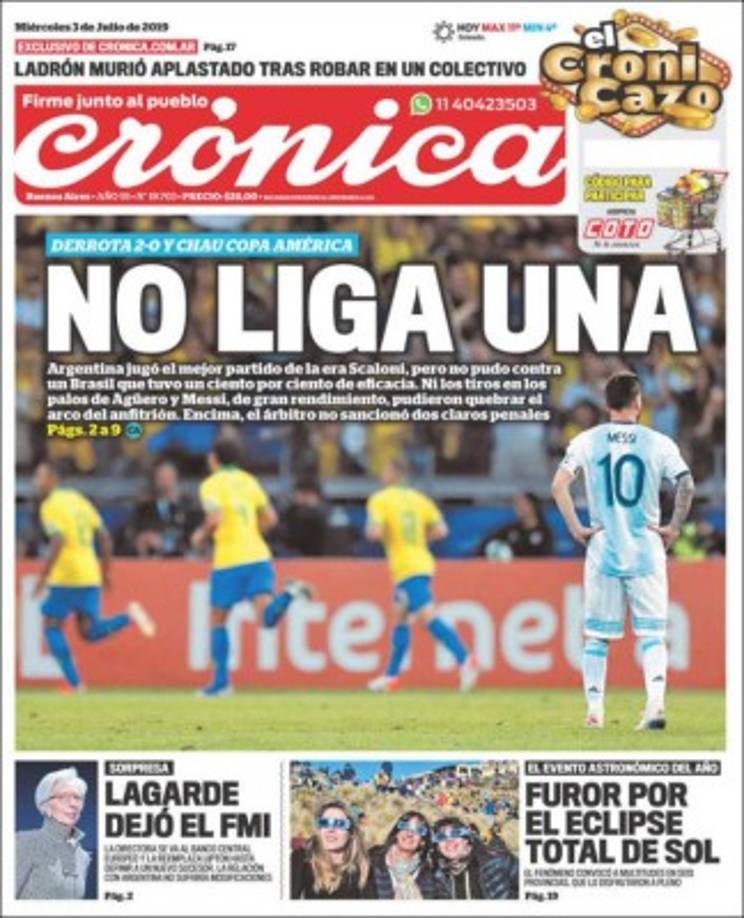 'No liga una', tituló el diario Crónica de Argentina luego del nuevo fracaso de la albiceleste.