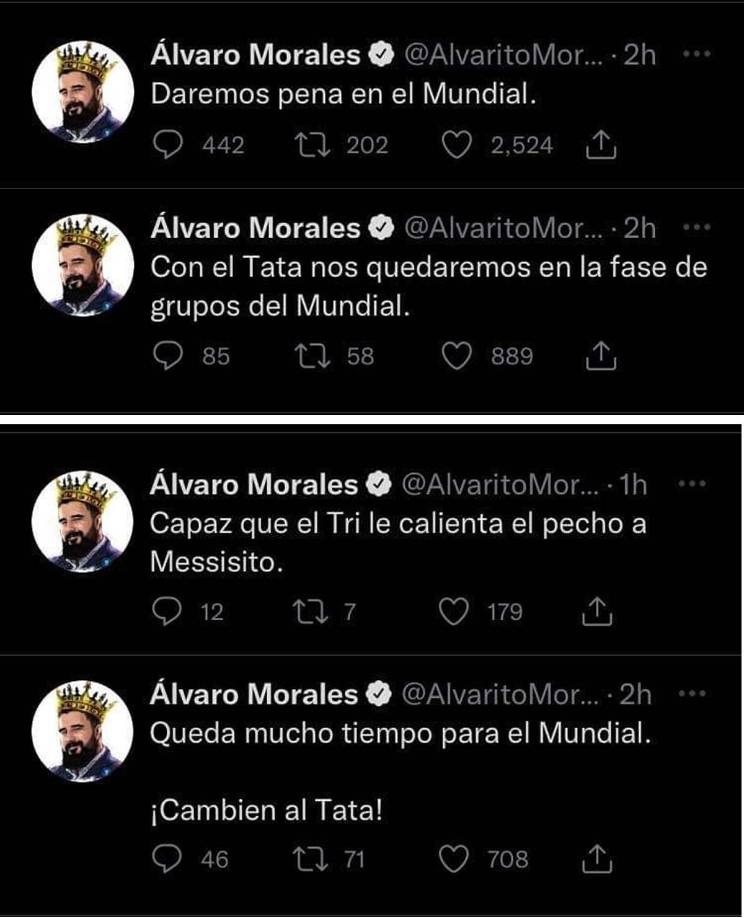 Otro periodista de ESPN, Álvaro Morales, fue más crítico: “Daremos pena en el Mundial. Con el Tata nos quedaremos en la fase de grupos”. “Capaz que el Tri le calienta el pecho a Messisito. Queda mucho para el Mundial, ¡cambien al Tata!”.