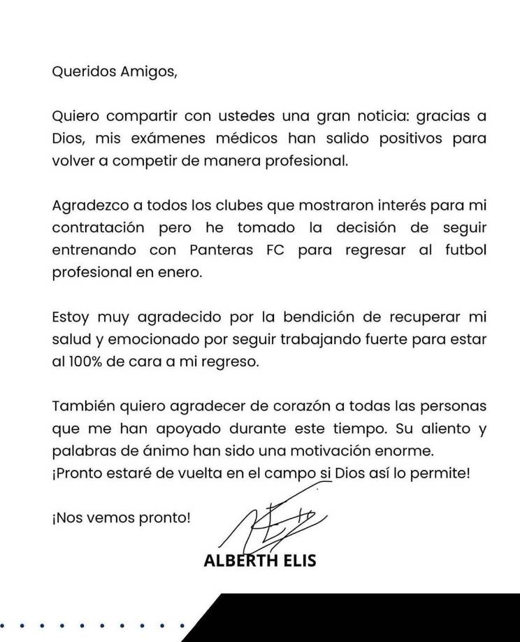 El comunicado que emitio Alberth Elis para confirmar su regreso a las canchas de fútbol.