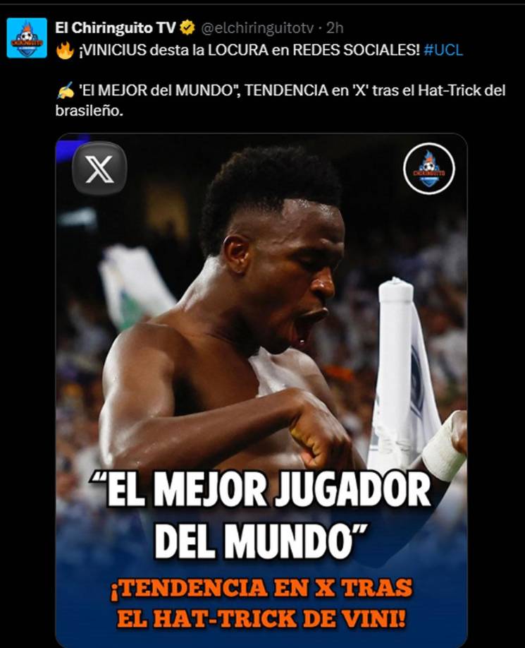 El Chiringuito destacó que Vinicius desató locura en redes sociales y se volvió tendencia tras su gran perfomance. “El mejor jugador del mundo”.