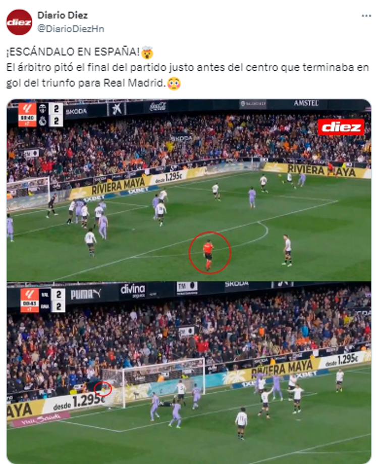 Diario DIEZ de Honduras: “¡ESCÁNDALO EN ESPAÑA! El árbitro pitó el final del partido justo antes del centro que terminaba en gol del triunfo para Real Madrid”.