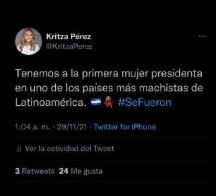 La presentadora de televisión y también candidata a diputada, Kritza Pérez compartió un mensaje en su cuenta de Twitter. “Tenemos a la primera mujer presidenta en uno de los países más machistas de Latinoamérica”. 