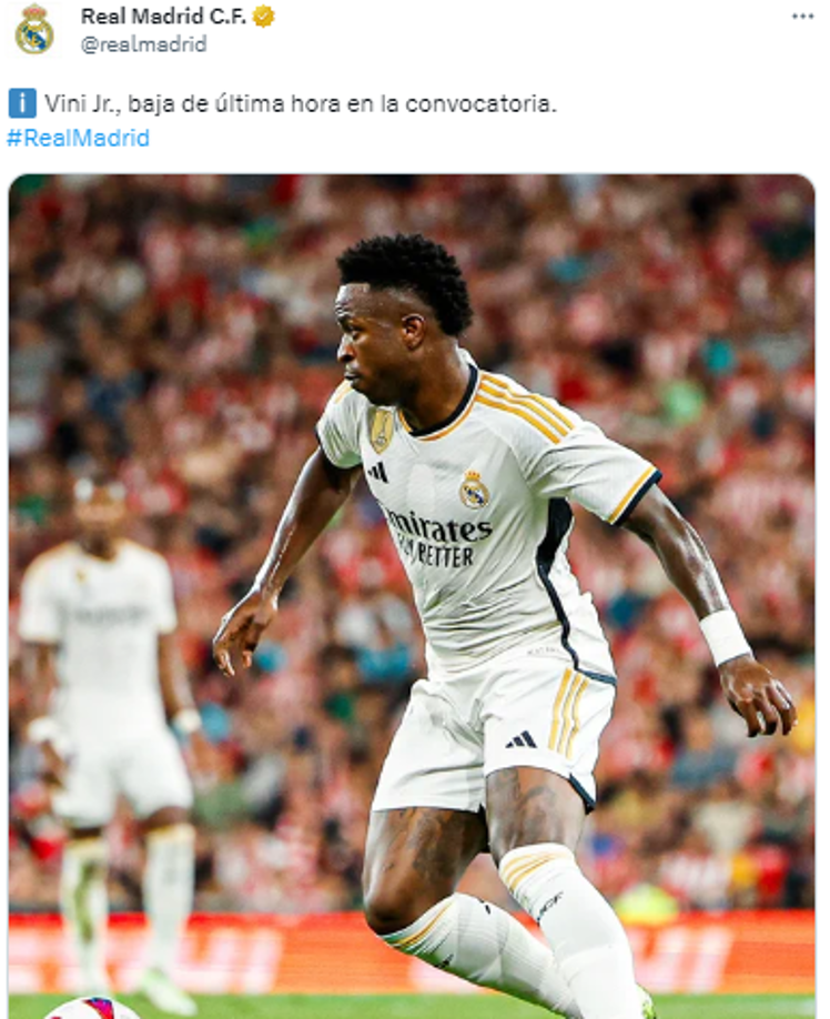 Sin embargo, a tempranas horas de este domingo, el Real Madrid informó la baja de Vinicius para el derbi ante el Atlético de Madrid, por lo que su regreso a los terrenos de juego tendrá que esperar. 