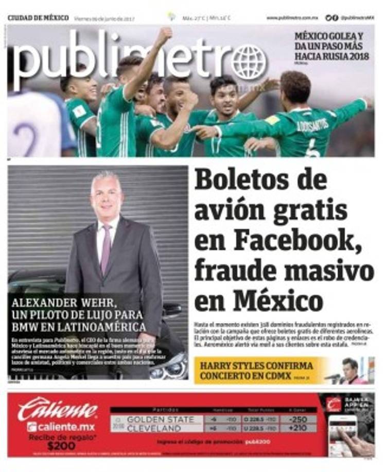 El diario Publimetro destaca que 'México golea y da un paso más hacia Rusia 2018'.