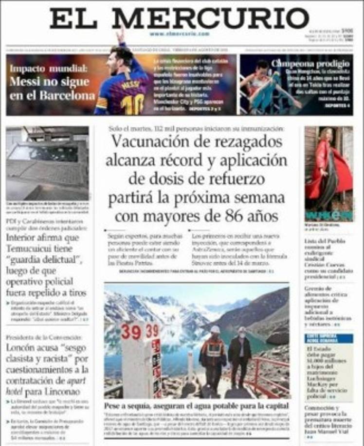 El Mercurio (Chile) - “Impacto mundial: Messi no sigue en el Barcelona”.