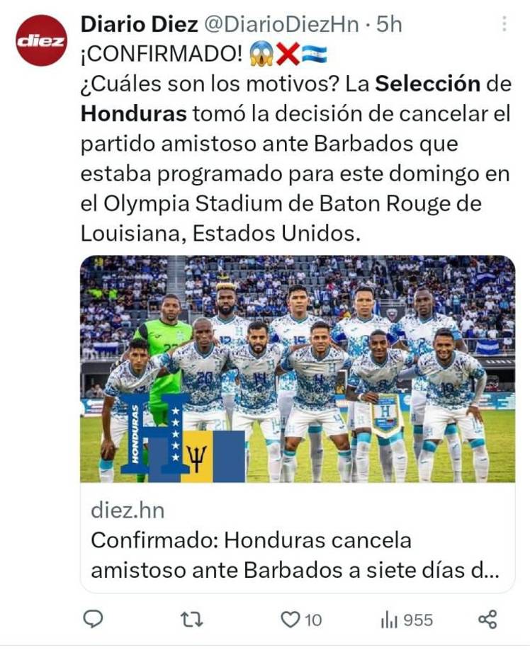 Diario Diez compartió la noticia del comunicado que emitió la Federación de Fútbol de Honduras.