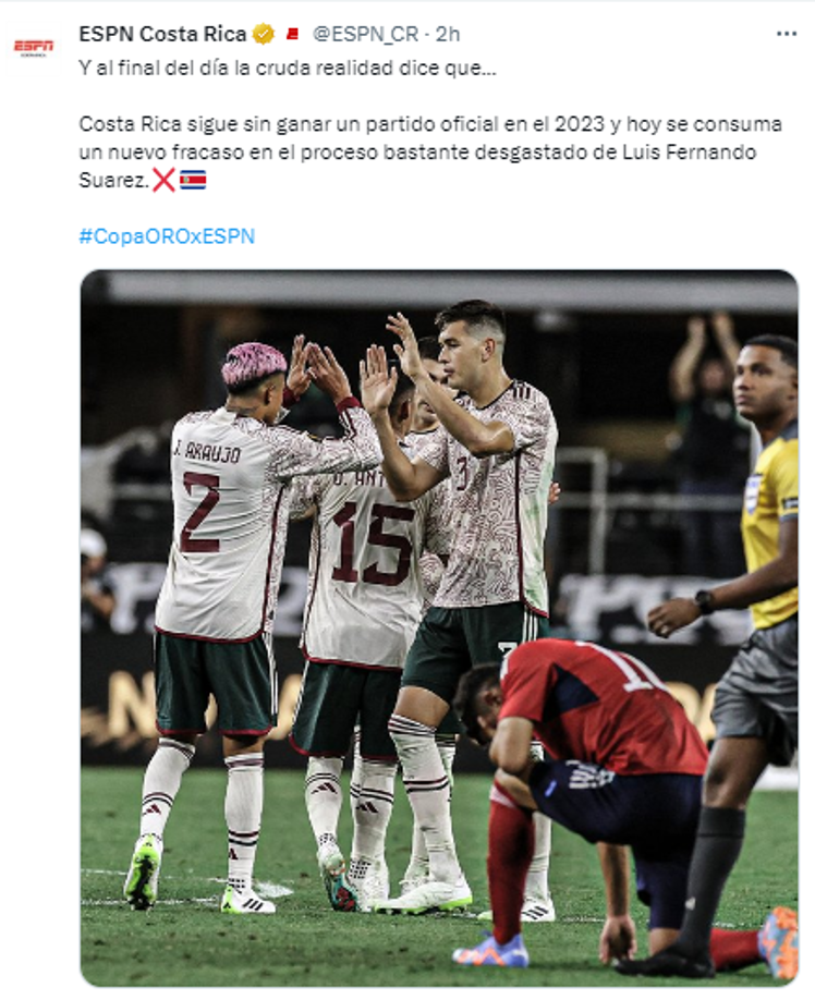 Y agregaron: “Y al final del día la cruda realidad dice que... Costa Rica sigue sin ganar un partido oficial en el 2023 y hoy se consuma un nuevo fracaso en el proceso bastante desgastado de Luis Fernando Suarez”.