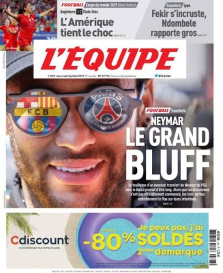 La portada del diario L'Équipe de Francia.