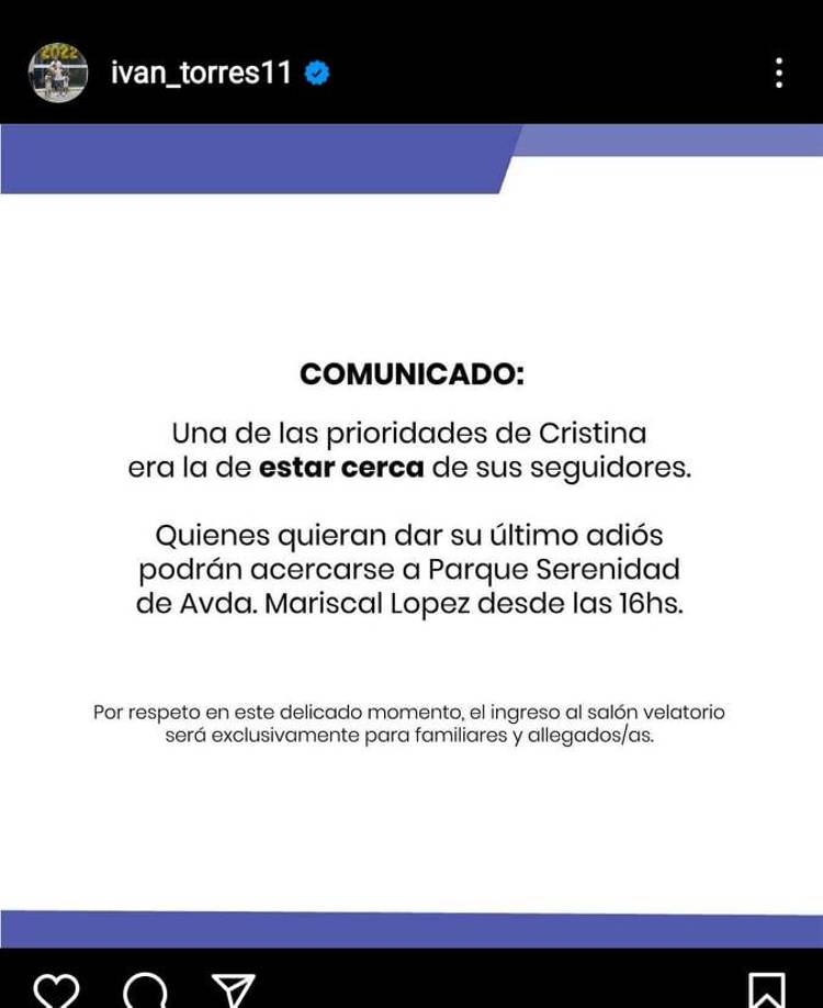 Tras la tragedia, el jugador paraguayo Iván Torres se pronunció en sus redes sociales al informar sobre lo que será el último adiós a su amada esposa.
