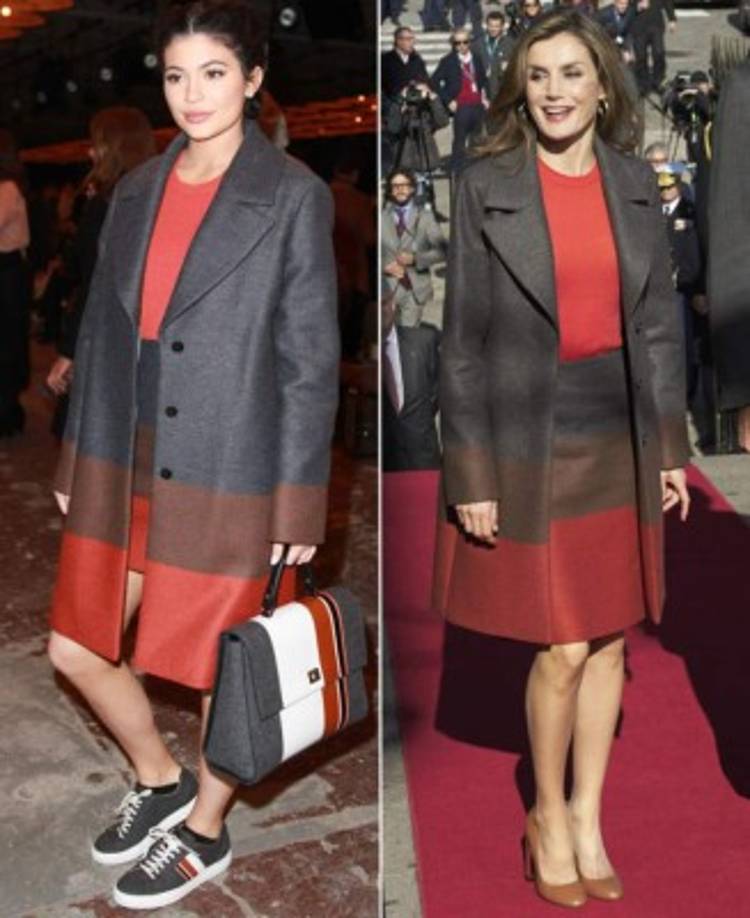Letizia Ortiz Rocasolano, durante su reciente viaje a Portugal, utilizó varios vestidos y coordinados y, uno de ellos es muy similar al otro usado antes en público, a principios de año, por Kylie Jenner. El atuendo es cuestión es una falda y un abrigo de lana en tres colores: gris, marrón y ladrillo. Esto acompañado de una blusa de punto en color rojo, todo de la firma Hugo Boss.<br/>