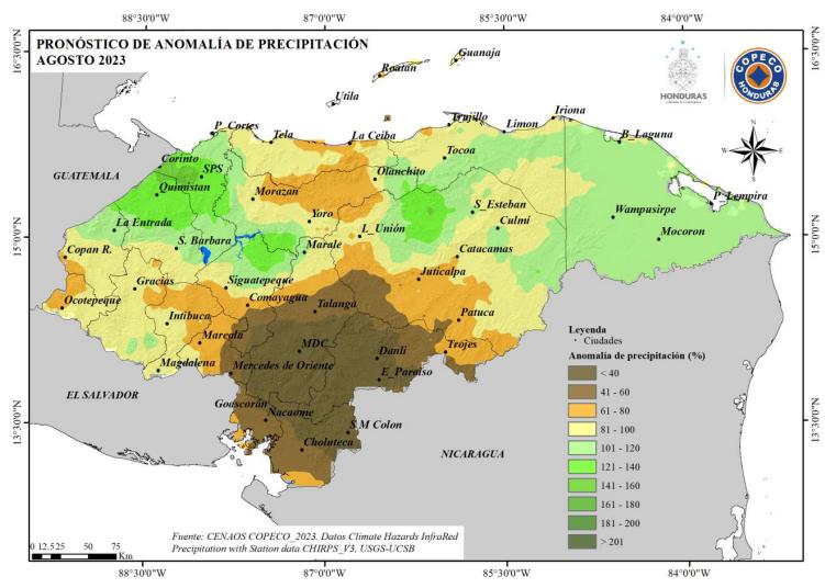 $!Las regiones en café serán las que menos lluvias recibirán este mes, según Cenaos.
