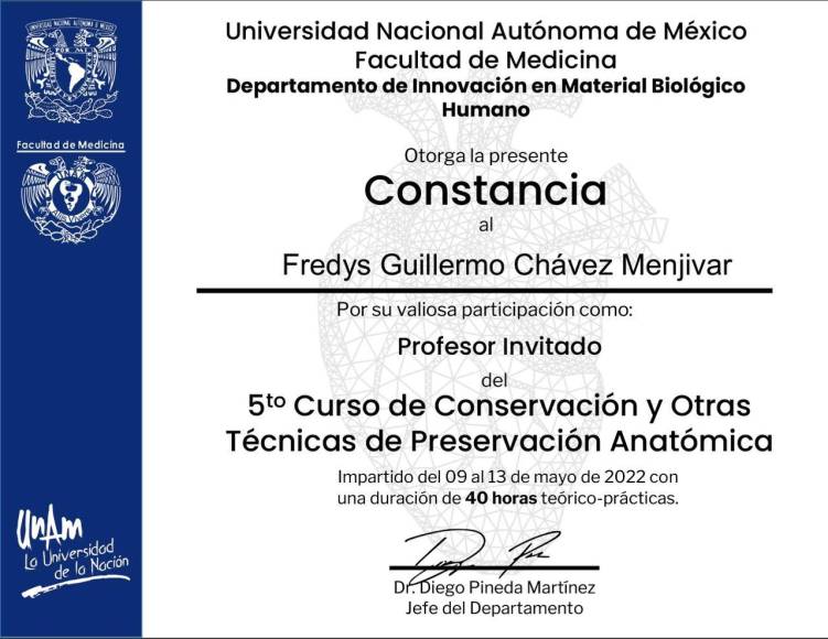 En mayo de 2022, viajó a México para participar como profesor invitado en el quinto curso de “Conservación y otras técnicas de preservación anatómica” en la Universidad Nacional Autónoma de México (Unam).