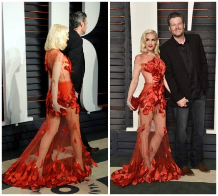 Gwen Stefani y Blake Shelton. Ella lució un vestido dramático, épico y súper sexy con cascada de pétalos y bolso a tono de Jimmy Choo– y Blake Shelton –con un look relajado y casual a más no poder.