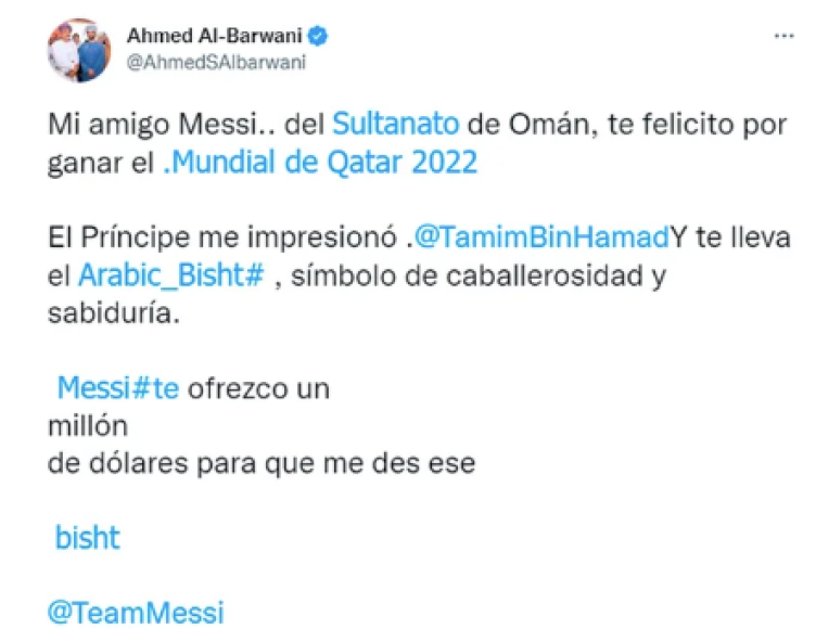 Publicación de Ahmed Al Barwani en su cuenta oficial de Twitter.