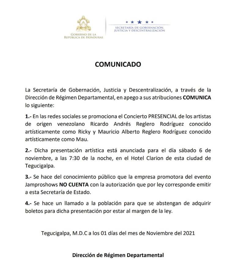 El comunicado que compartió la Secretaria de Gobernación, Justicia y Descentralización.