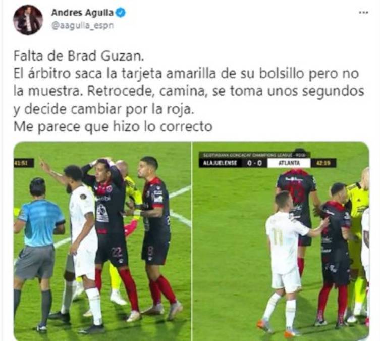 El periodista Andrés Agulla de ESPN habló de la primera acción dudosa que tuvo Said Martínez - “Falta de Brad Guzan. El árbitro saca la tarjeta amarilla de su bolsillo pero no la muestra. Retrocede, camina, se toma unos segundos y decide cambiar por la roja. Me parece que hizo lo correcto“.