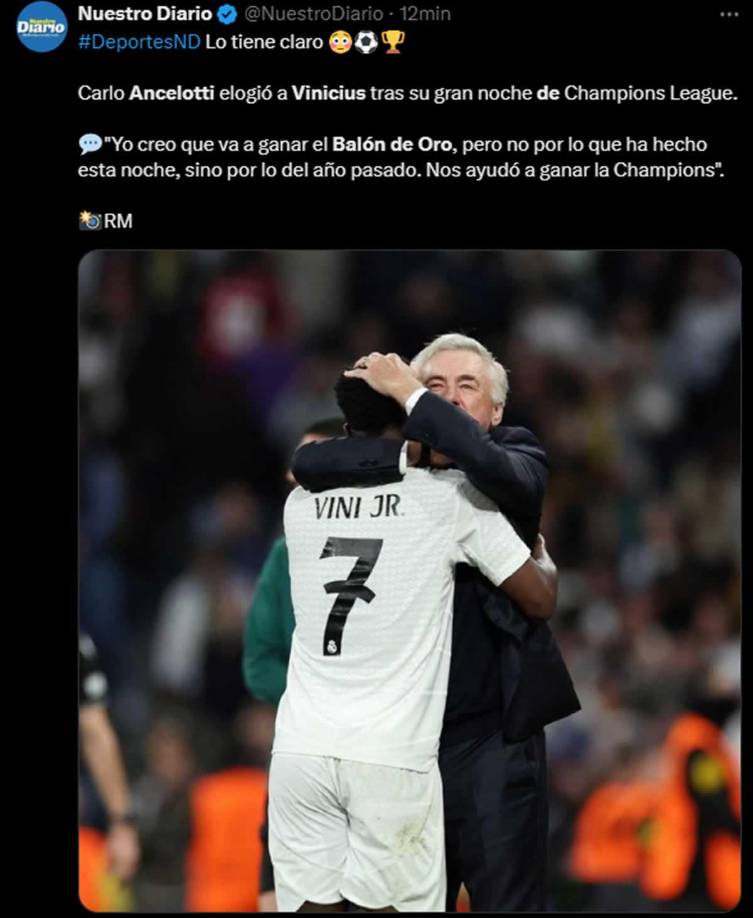 Carlo Ancelotti, entrenador del Real Madrid, también alabó a Vinicius tras su gran noche ante Borussia Dortmund. “Yo creo que va a ganar el Balón de Oro, pero no por lo que ha hecho esta noche, sino por lo del año pasado. Nos ayudó a ganar la Champions”.