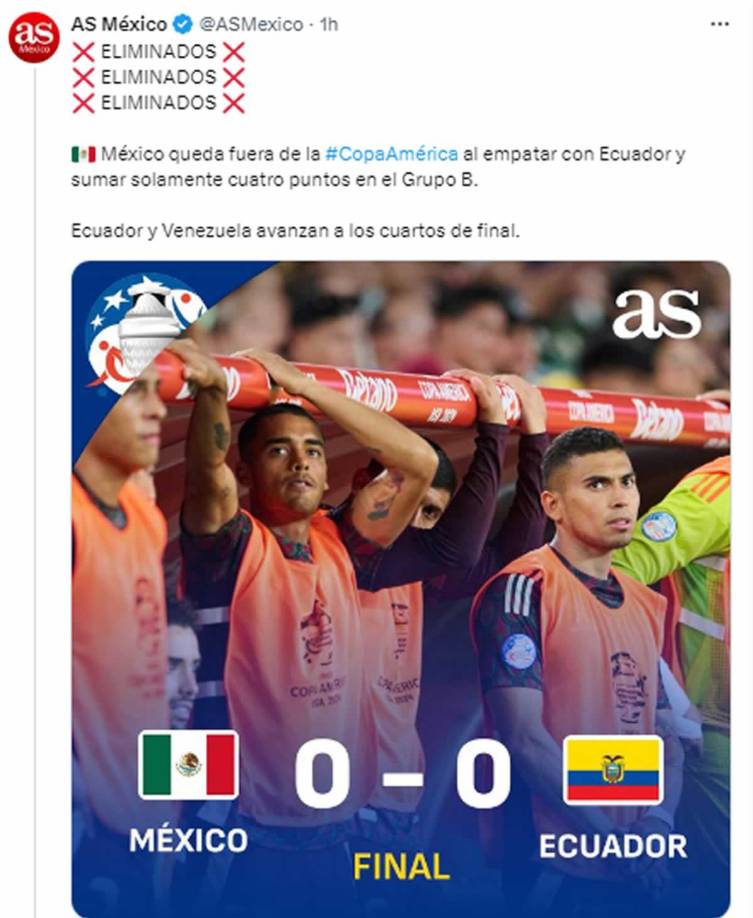 Diario As - “¡Eliminado! México queda fuera de la Copa América al empatar con Ecuador y sumar solamente cuatro puntos en el Grupo B”.