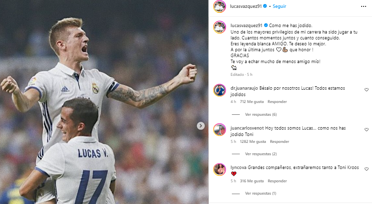 “Como me has jodido. Uno de los mayores privilegios de mi carrera ha sido jugar a tu lado. Cuantos momentos juntos y cuanto conseguido. Eres leyenda blanca AMIGO. Te deseo lo mejor”, fue el mensaje de Lucas Vázquez.