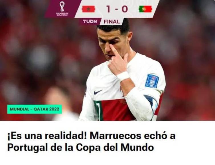 TUDN:-”¡Es una realidad! Marruecos echó a Portugal de la Copa del Mundo”.