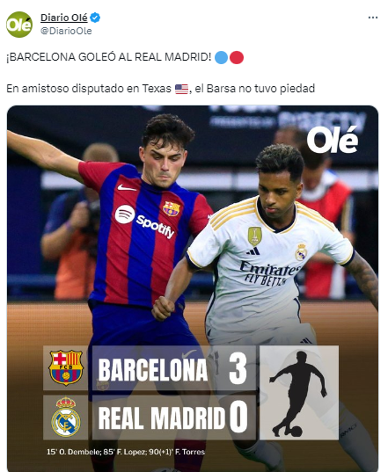 Diario Olé de Argentina: “¡BARCELONA GOLEÓ AL REAL MADRID!”.