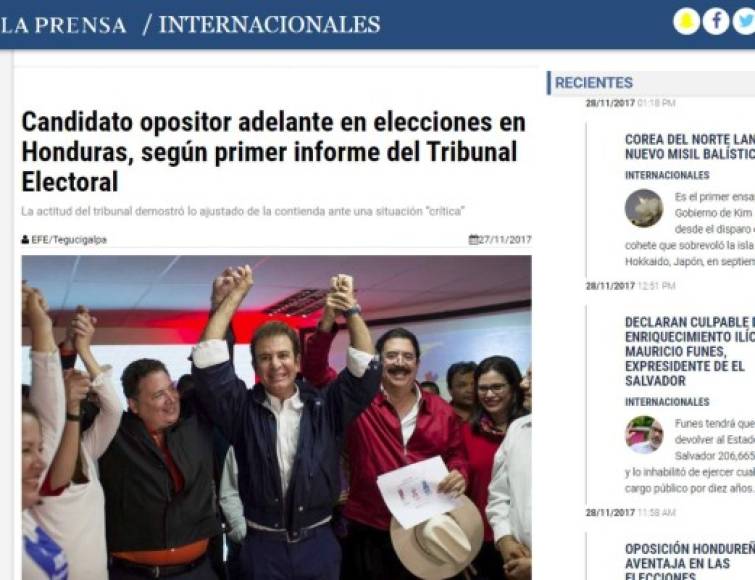 La Prensa de Nicaragua destaca la ventaja de Nasralla en el recuento de votos.
