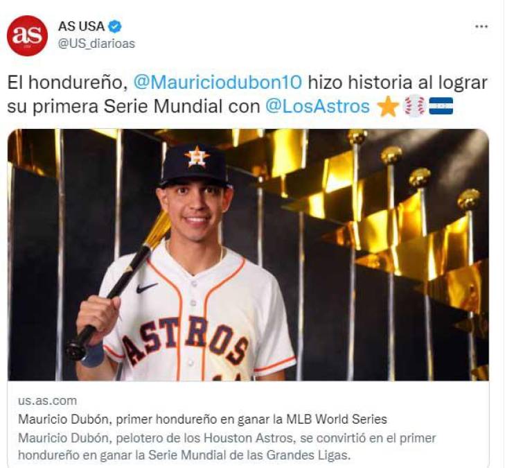 Diario AS de Estados Unidos: “El hondureño Mauricio Dubón hizo historia al lograr su primera Serie Mundial con Astros”.