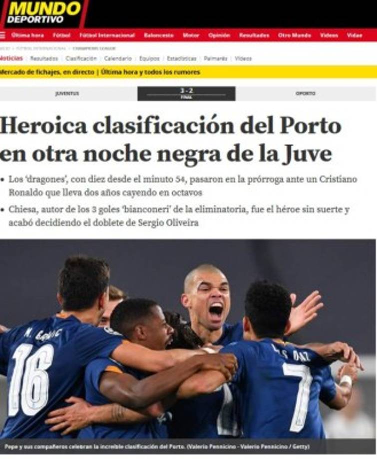 El catalán Mundo Deportivo destaca la heroicidad del Porto, que con 10 en cancha, maniató a la Juventus y a un deslucido Cristiano Ronaldo.