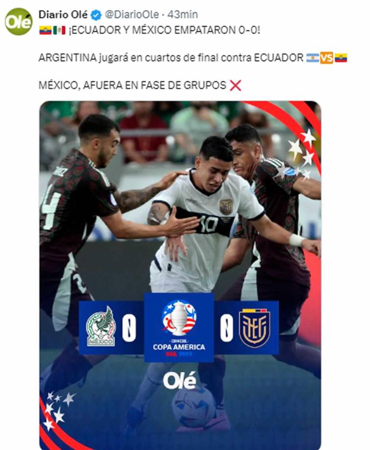Diario Olé - “México, afuera en fase de grupos” de la Copa América 2024. “Argentina jugará en cuartos de final contra Ecuador”.