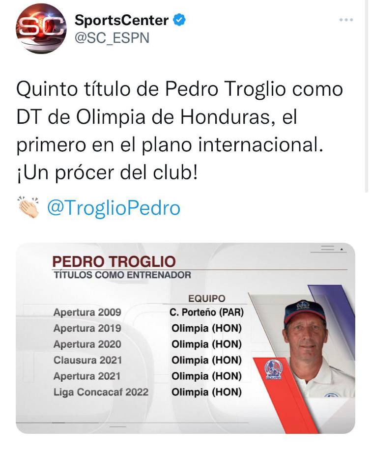 SportsCenter señaló que Pedro Troglio es un “´prócer” del Olimpia.