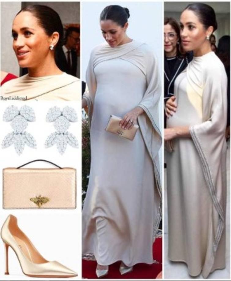 En ese segundo día de la gira por Marruecos Meghan usó un vestido Dior hecho a medida.<br/><br/>El vestido en color marfil presentaba amplias mangas adornadas, la duquesa finalizó su look con un clutch y zapatos a juego del mismo diseñador.