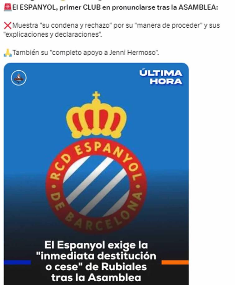 El Espanyol fue el primer club de España en pronunciarse sobre las declaraciones de Luis Rubiales al decir que no iba a renunciar.