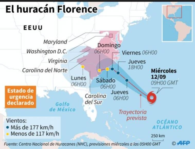 Carolina del Norte, del Sur, Virginia y Georgia decretaron estado de emergencia ante la inminente llegada de Florence a EEUU.