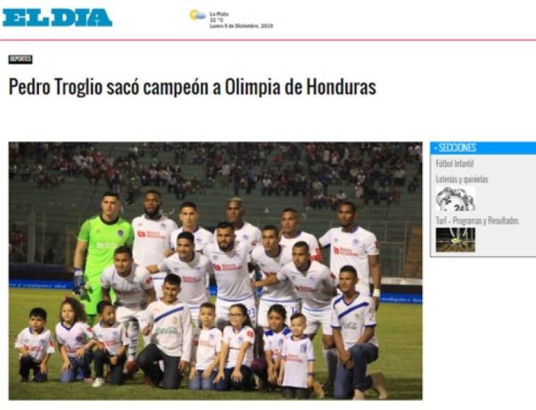 Diario El Día de La Plata, Argentina - 'Pedro Troglio sacó campeón a Olimpia de Honduras'.