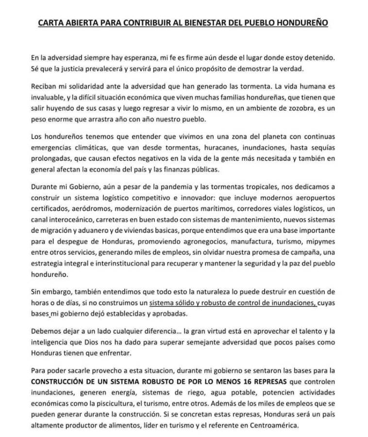 Carta abierta del expresidente Juan Orlando Hernández.