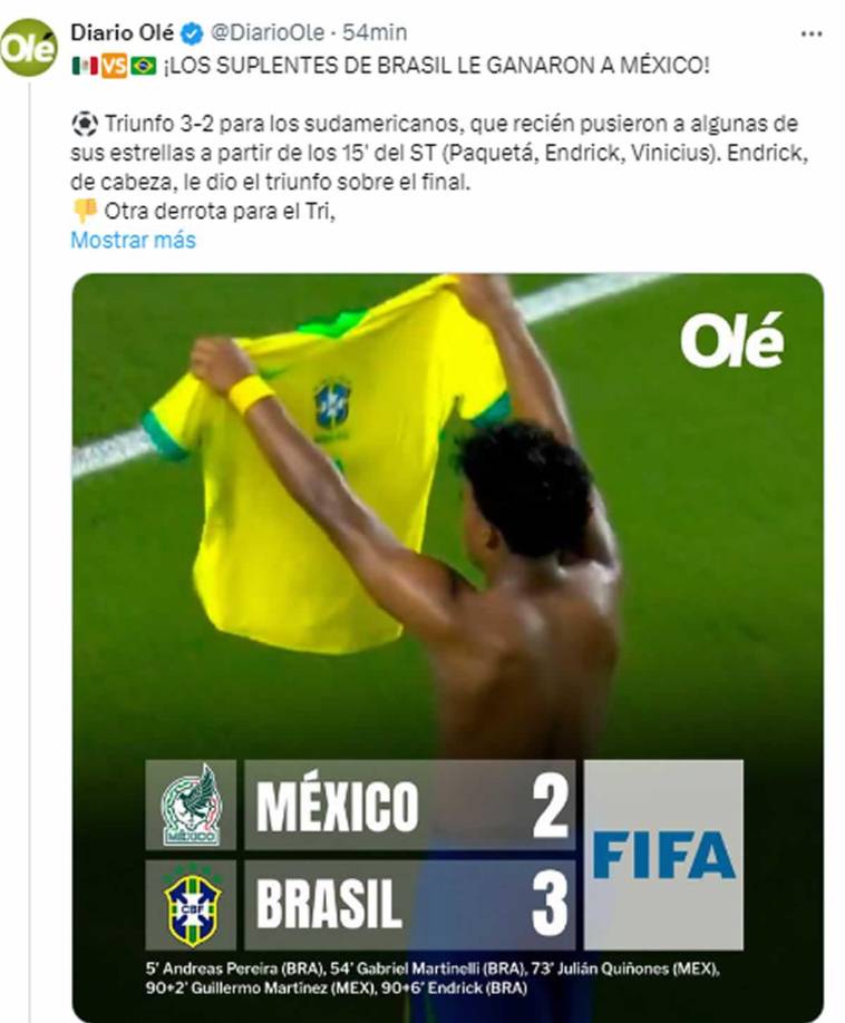 “Los suplentes de Brasil le ganaron a México”, informó el diario Olé de Argentina. “Otra derrota para el Tri, que venía de perder 4-0 con Uruguay”.