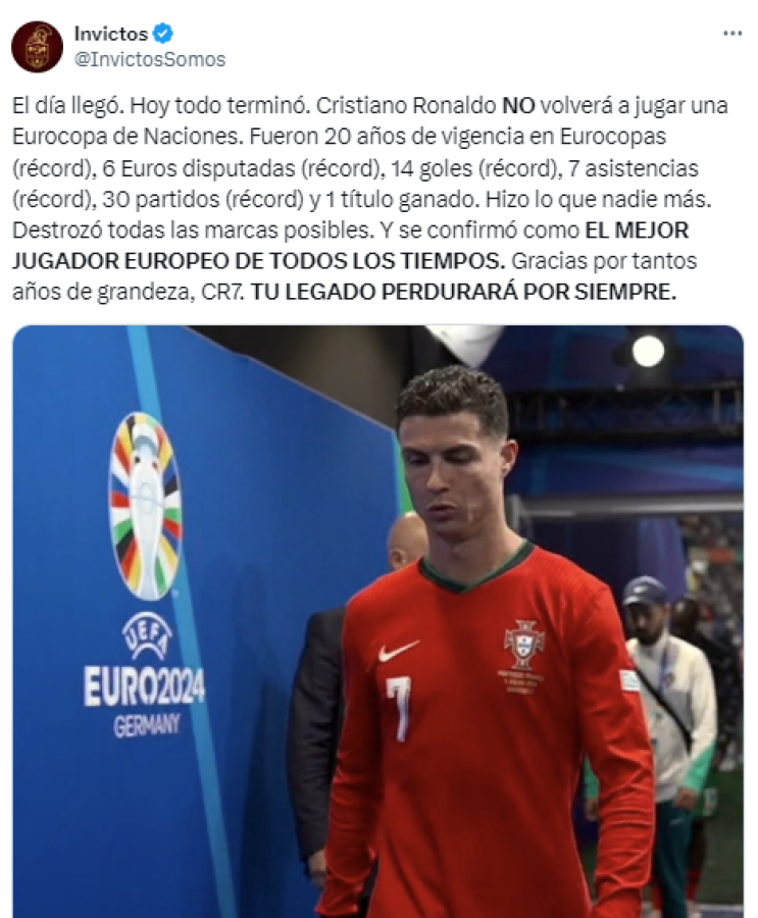 El post de Invictos tras la eliminación de Cristiano Ronaldo y Portugal de la Eurocopa 2024.