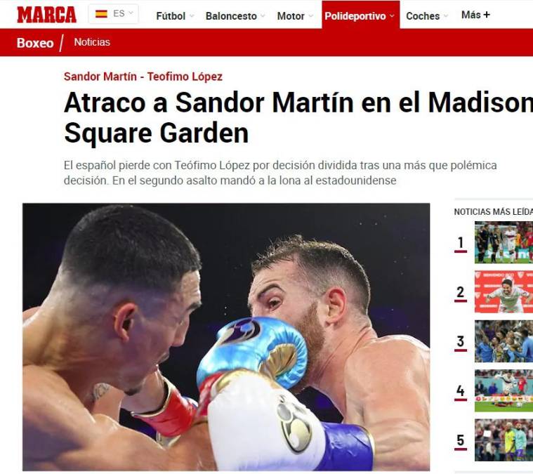 El Diario Marca de España encabezó el enfado por la derrota de su boxeador: “Atraco a Sandor Martín en el Madison Square Garden”, señaló.